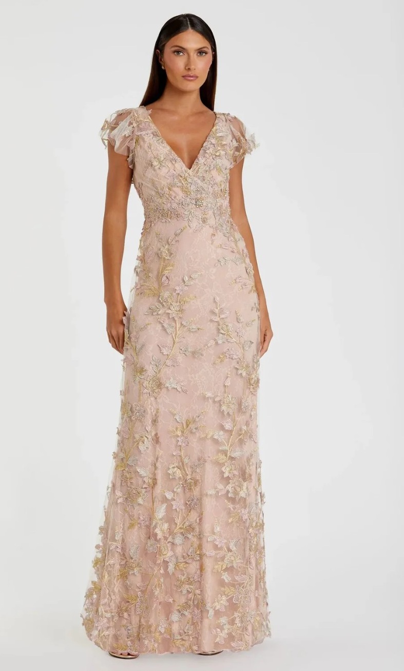 Mac Duggal Rose Gold Embroidered Applique Wrap Over Flutter Sleeve Gown, Size 14